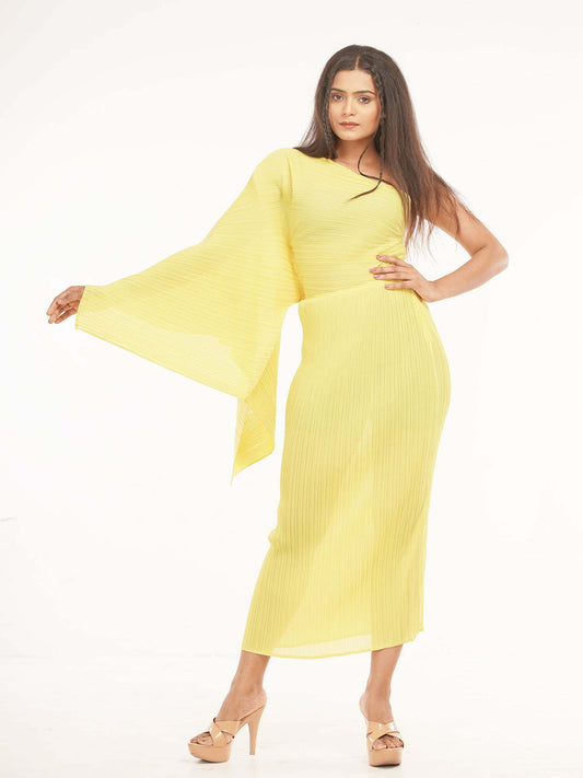 Yellow One Shoulder Drape Dress