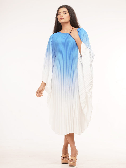 Pleated Gradual Color Dress Irregular O-neck Long Sleeves Loose Long