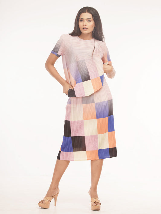 pleated multicolour high neck short sleeve dress, fashionable women's clothing, pleated dress