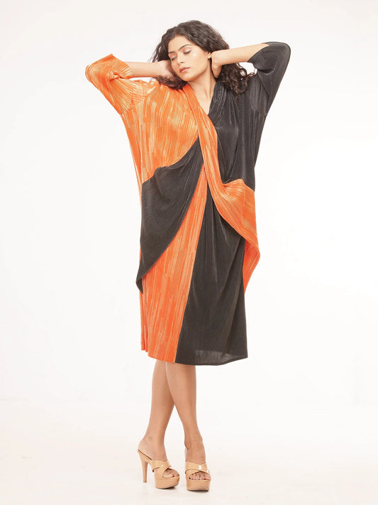 Buy Pleated Black Orange Combination Dresses - Geleriya Store